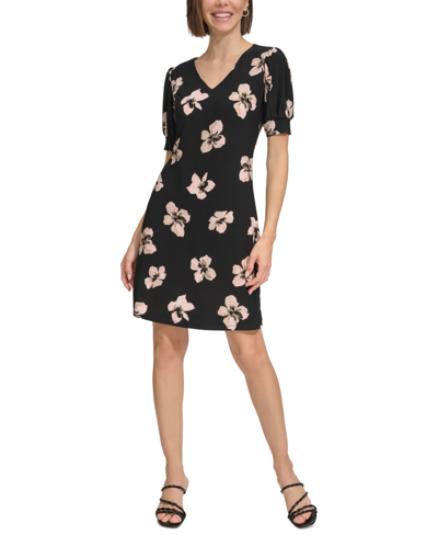 TOMMY HILFIGER WOMEN'S FLORAL V-NECK PUFF-SLEEVE DRESS