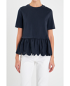 English Factory Mixed Media Scallop Peplum Cotton Top In Navy