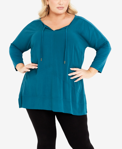 Avenue Plus Size Sheila Mix Media 3/4 Sleeve Top In Teal
