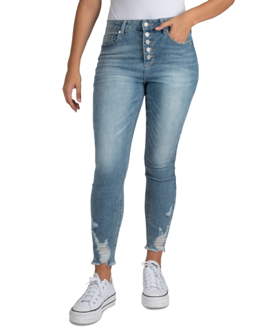 Indigo Rein Juniors' Mid Rise Button Fly Distressed Cropped Curvy Jeans In Med Blue