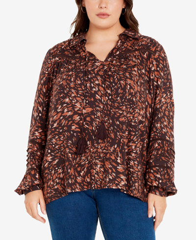 Avenue Plus Size Lucia Collared Neck Long Sleeve Top In Espresso