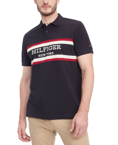 Tommy Hilfiger Men's Regular-fit Colorblocked Stripe Monotype Logo Embroidered Polo Shirt In Desert Sky