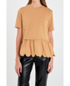 English Factory Mixed Media Scallop Peplum Cotton Top In Tan