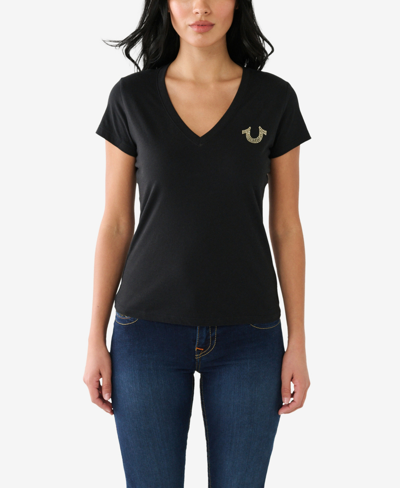True Religion Women's Short Sleeve Crystal Buddha Slim V-neck T-shirt In Jet Black