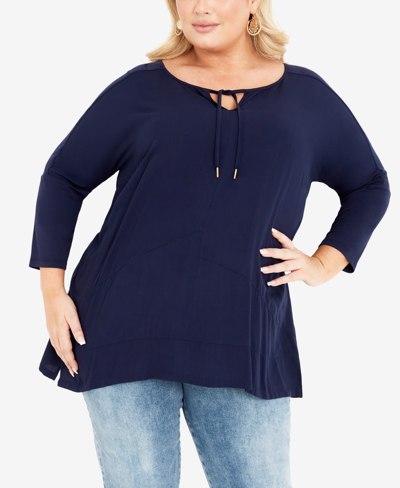 Avenue Plus Size Sheila Mix Media 3/4 Sleeve Top In Navy