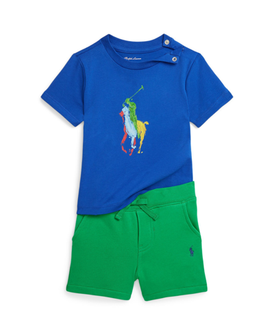Polo Ralph Lauren Baby Boys Pony Cotton T Shirt And Fleece Shorts, 2 Piece Set In Sapphire Star
