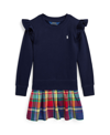 Polo Ralph Lauren Toddler And Little Girls Madras-skirt Fleece Dress In Newport Navy With White