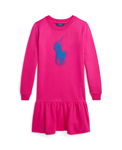 Polo Ralph Lauren Kids' Big Girls French Knot Big Pony Fleece Dress In Bright Pink With Blue