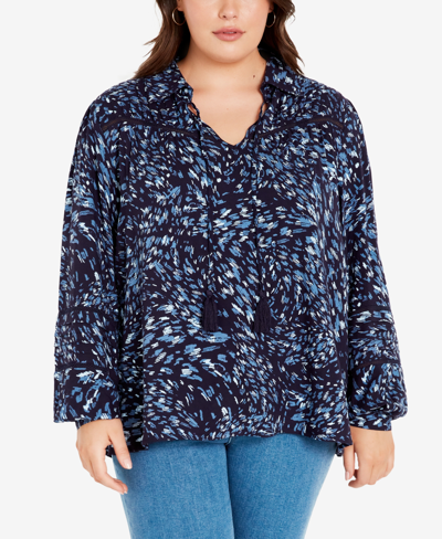 Avenue Plus Size Lucia Collared Neck Long Sleeve Top In Indigo