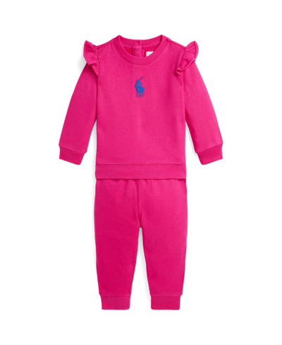 Polo Ralph Lauren Baby Girls Fleece Sweatshirt And Jogger Pants Set In Bright Pink With Blue