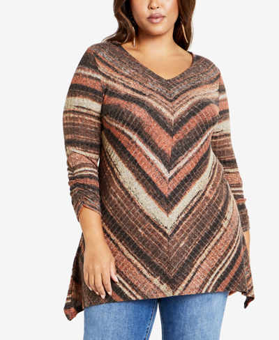 Avenue Plus Size Delaney Stripe Long Sleeve Tunic Top In Spice Combo