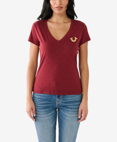 True Religion Women's Short Sleeve Horseshoe Slim V-neck T-shirt In Cabernet