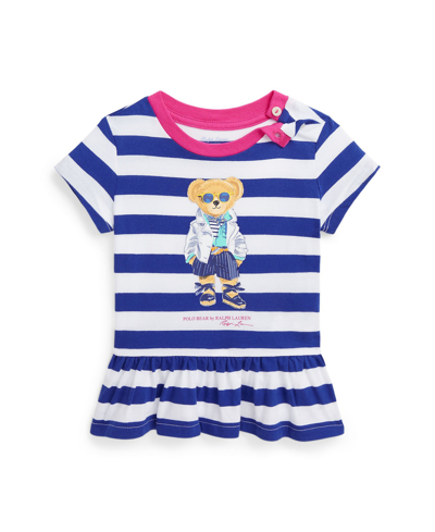 Polo Ralph Lauren Baby Girls Polo Bear Cotton Jersey Peplum T-shirt In Brilliant Sapphire,white Stripe