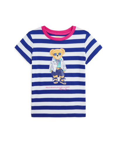 Polo Ralph Lauren Kids' Toddler And Little Girls Striped Polo Bear Cotton Jersey T-shirt In Brilliant Sapphire,white Stripe