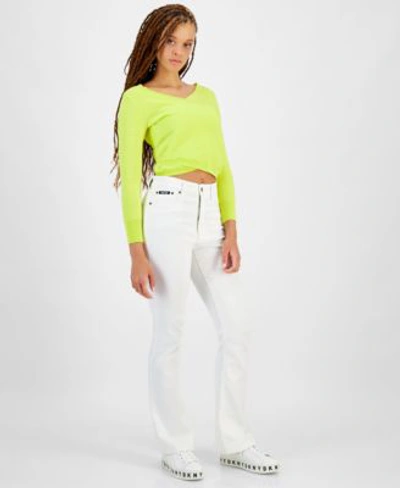 Dkny Jeans Womens Ribbed Long Sleeve Wrap Sweater High Rise Flare Leg Jeans In Fy - Limonata