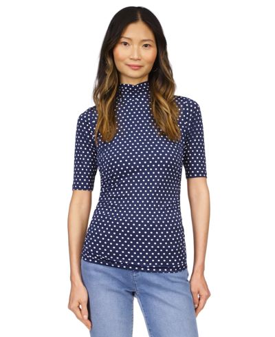 Michael Kors Michael  Women's Dot-print Ruched Mock-neck Top In Midnight Blue