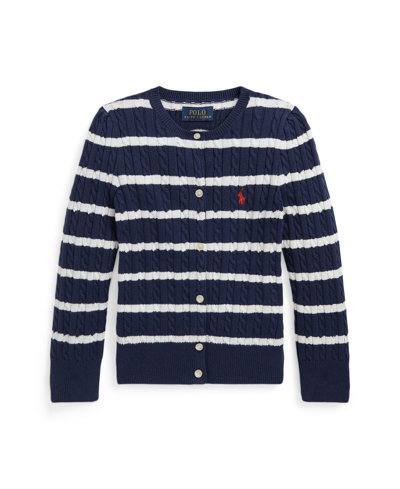 Polo Ralph Lauren Kids' Toddler And Little Girls Striped Mini-cable Cotton Cardigan Sweater In Newport Navy,deckwash White