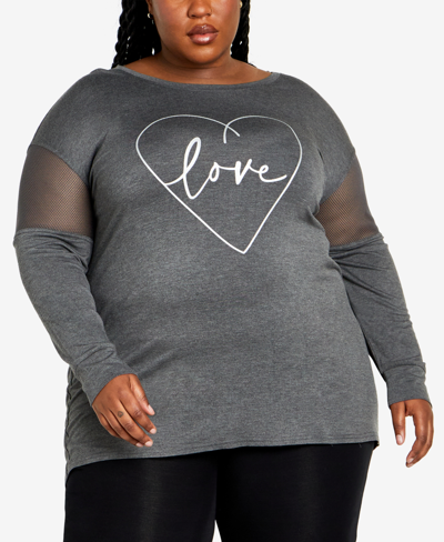Avenue Plus Size Mesh Sleeve Round Neck Top In Charcoal