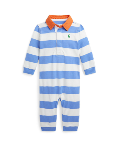 Polo Ralph Lauren Baby Boys Striped Cotton Jersey Rugby Coverall In Summer Blue,deckwash White