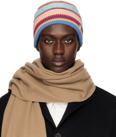 Acne Studios Striped Logo-patch Cotton-knit Beanie In Dusty Blue Multi