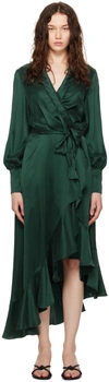 Zimmermann Asymmetric Ruffled Silk-satin Midi Wrap Dress In Jde Jade