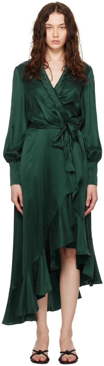 Zimmermann Womens Jade Plunge-neck Wrap-over Silk Midi Dress In Green