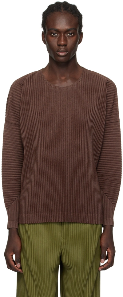 Issey Miyake Brown Heather Pleats Long Sleeve T-shirt In 44-brown