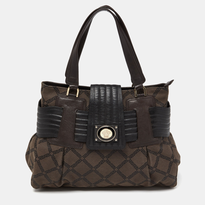 Pre-owned Versace Brown/black Monogram Fabric And Leather Medusa Tote