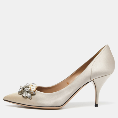 Pre-owned Valentino Garavani Grey Satin Crystal And Faux Pearl Embellished Pumps Size 37.5