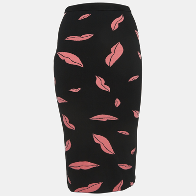 Pre-owned Diane Von Furstenberg Black/pink Lips Patterned Knit Pencil Skirt Xs