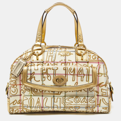 Pre-owned Coach Gold Pvc And Leather Graffiti Tattersall Satchel