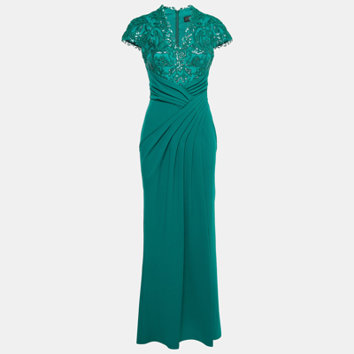 Pre-owned Tadashi Shoji Green Sequin Embellished Draped Crepe Gown S