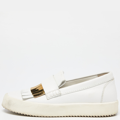 Pre-owned Giuseppe Zanotti White Leather Fringed Slip On Sneakers Size 37.5