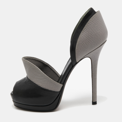 Pre-owned Fendi Grey/black Leather And Lizard Embossed Leather Peep Toe Anemone Pumps Size 36.5