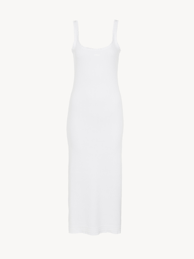 Chloé Ribbed Cotton Jersey Logo Midi Dress In Blanc