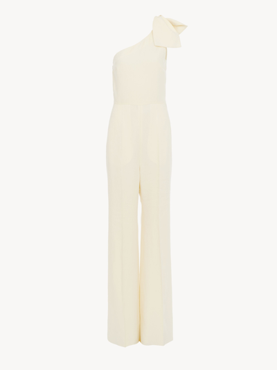 Chloé One-shoulder Linen Canvas Jumpsuit With Decorative Bow In Blanc