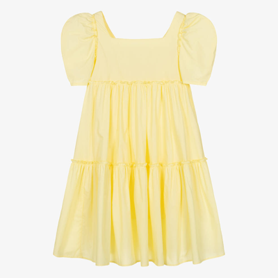 Monnalisa Teen Girls Yellow Cotton Tiered Dress