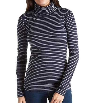 Three Dots Tahoe Stripe Diane Turtleneck Long Tight Shirt In Night Iris/granite In Blue