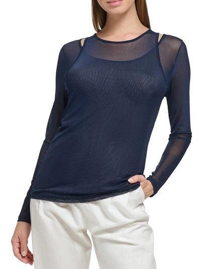 Calvin Klein Womens Mesh Cutout Blouse In Blue