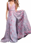 JOVANI EMBROIDERED FLORAL GOWN IN GREY/PINK