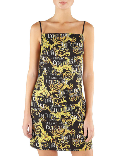 Versace Jeans Couture Logo Print Strappy Mini Dress In Nero