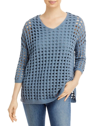 &basics Womens Open Stitch V-neck Pullover Sweater In Blue