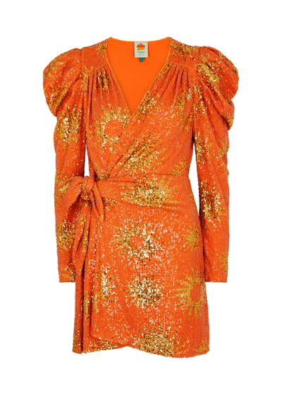 Farm Rio Sunny Mood Sequin Long-sleeve Mini Dress In Sunny Mood Orange