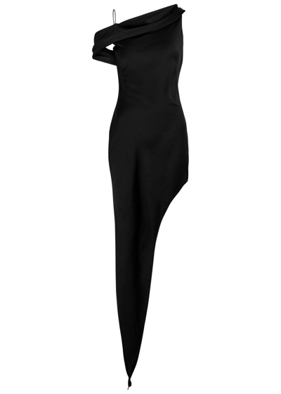 De La Vali Chelsea Asymmetric Satin Maxi Dress In Black