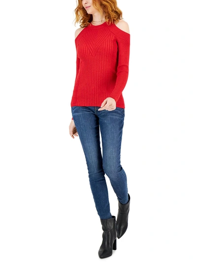 Inc Petites Womens Knit Metallic Pullover Sweater In Red