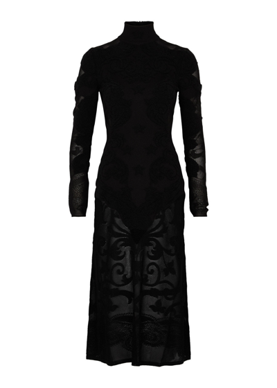 Balmain Women's Baroque Pattern Wool Sheer Midi-dress In Black