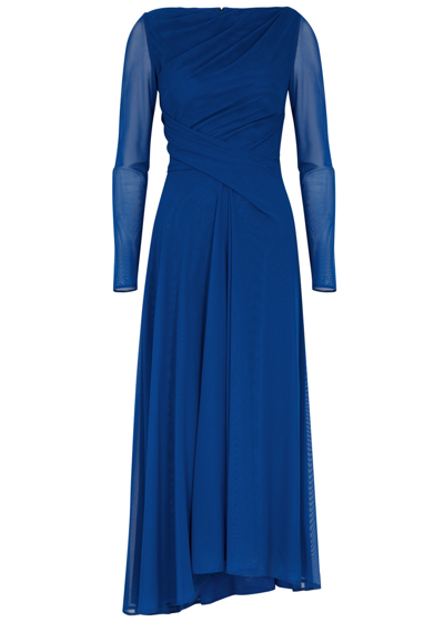 Talbot Runhof Draped Stretch-tulle Midi Dress In Blue