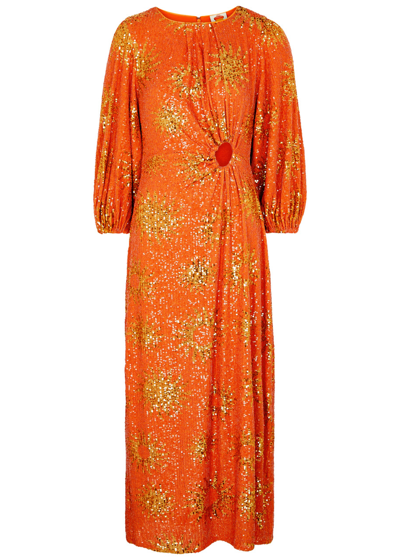 Farm Rio Sunny Mood Sequin-embellished Midi Dress In Orange