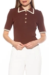 Alexia Admor Collared Knit Short Sleeve Top In Brown