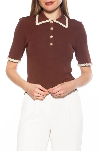 Alexia Admor Collared Knit Short Sleeve Top In Brown